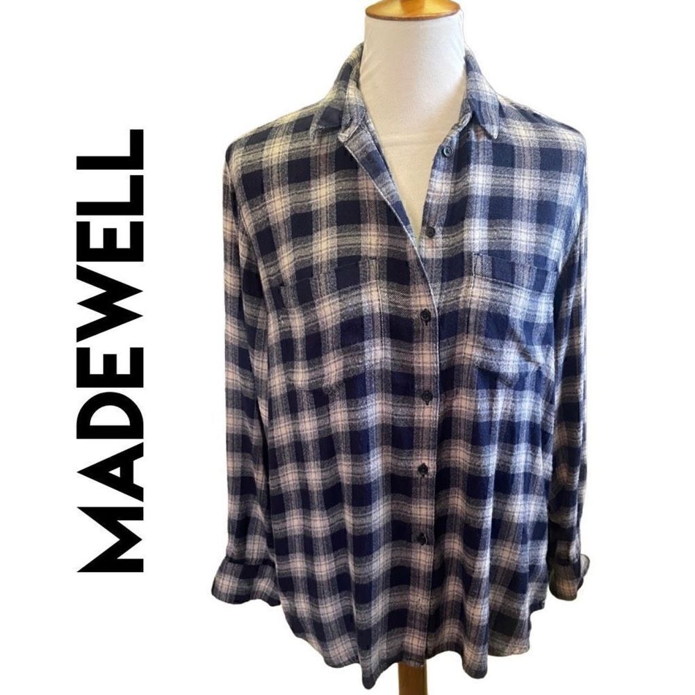 Madewell Blue& Gray Checkered Oversized Plaid Flannel Women’s Button Front Shirt